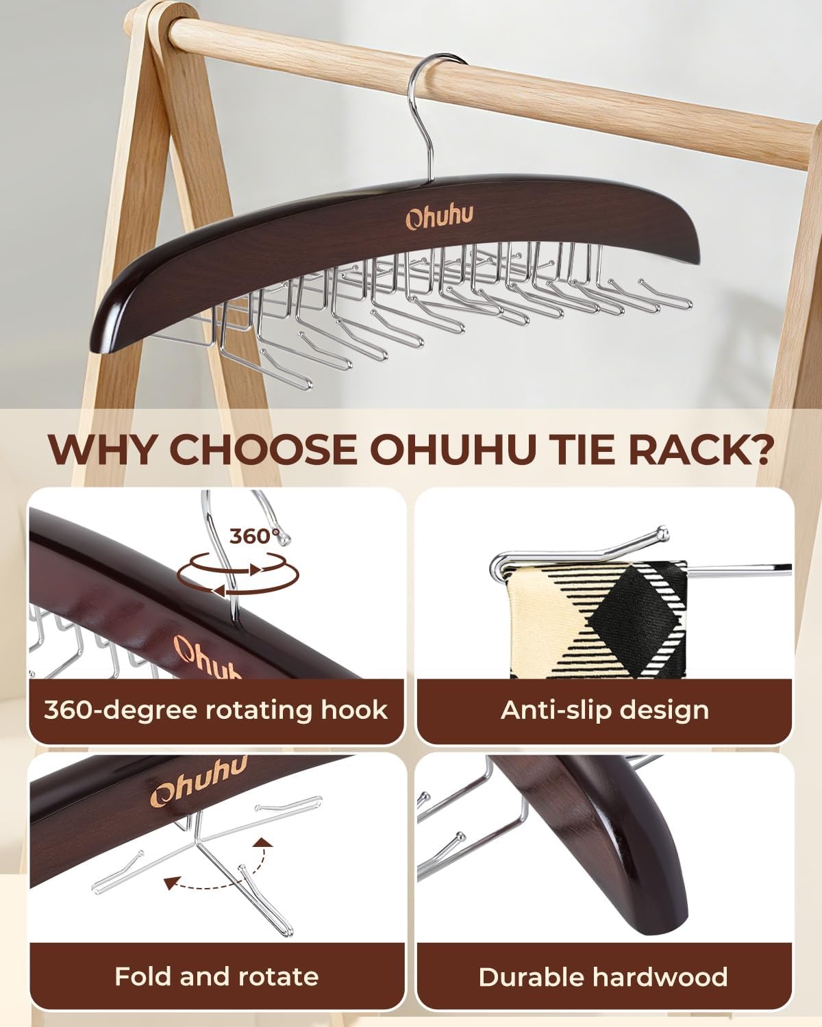 image:imageTie Rack Hanger for Closet Ohuhu 2 Packs 24 Folding Hooks Tie Hangers for Men Wooden Tie Holder Organizer Space Saving Necktie Storage 360 Degree Rotating Ties Belts Scarves Tank TopsWalnutWalnut2 Pack