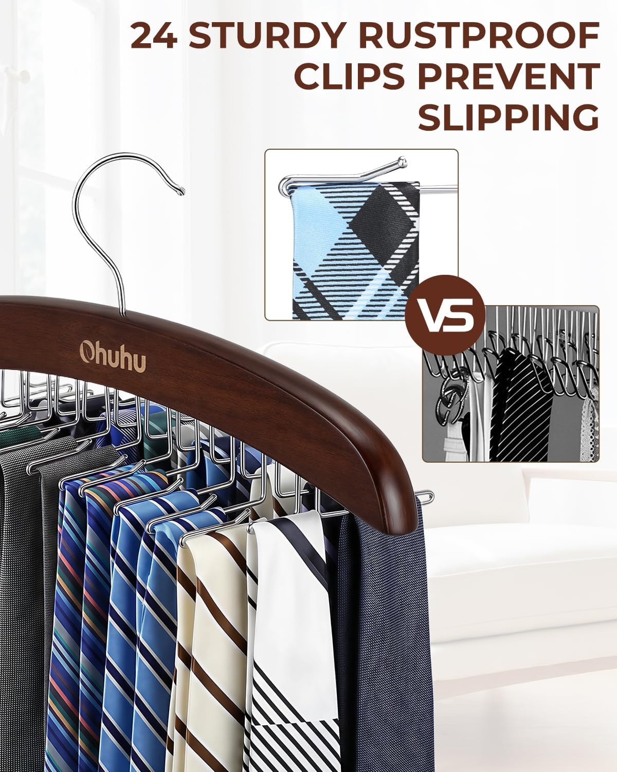 image:imageTie Rack Hanger for Closet Ohuhu 2 Packs 24 Folding Hooks Tie Hangers for Men Wooden Tie Holder Organizer Space Saving Necktie Storage 360 Degree Rotating Ties Belts Scarves Tank TopsWalnutWalnut2 Pack