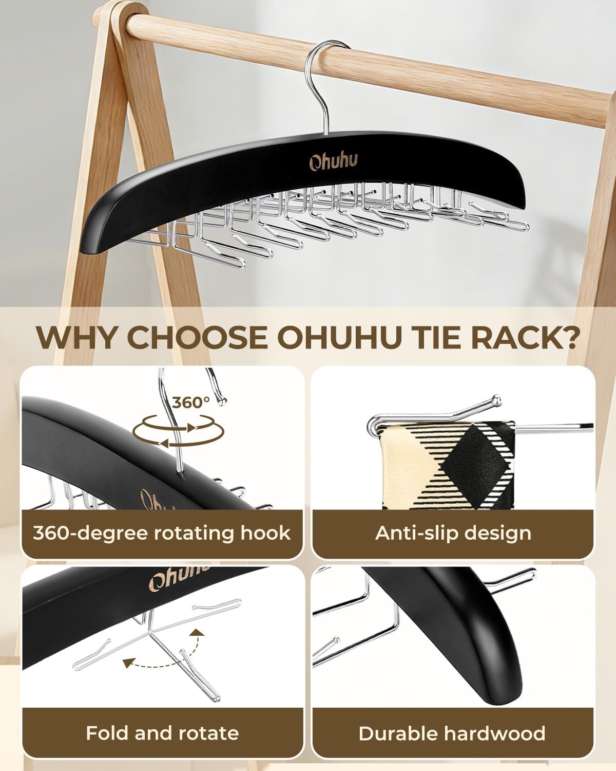 image:imageTie Rack Hanger for Closet Ohuhu 2 Packs 24 Folding Hooks Tie Hangers for Men Wooden Tie Holder Organizer Space Saving Necktie Storage 360 Degree Rotating Ties Belts Scarves Tank TopsWalnutBlack