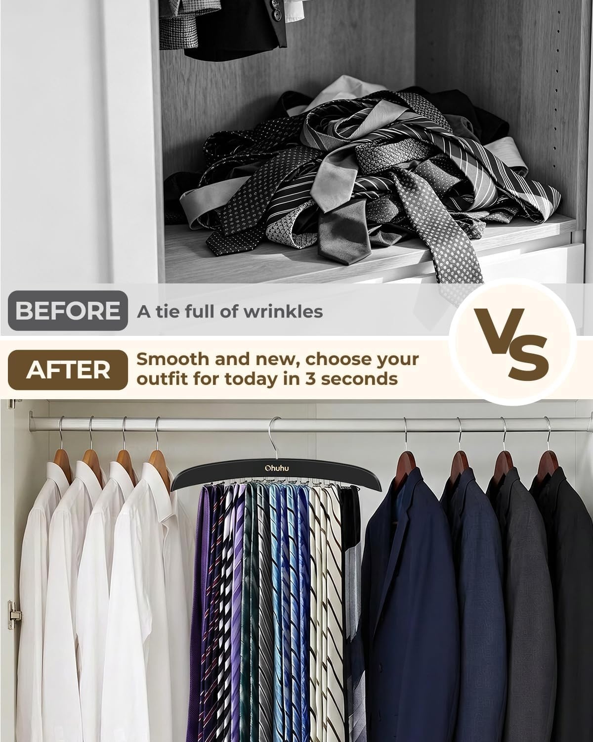 image:imageTie Rack Hanger for Closet Ohuhu 2 Packs 24 Folding Hooks Tie Hangers for Men Wooden Tie Holder Organizer Space Saving Necktie Storage 360 Degree Rotating Ties Belts Scarves Tank TopsWalnutBlack