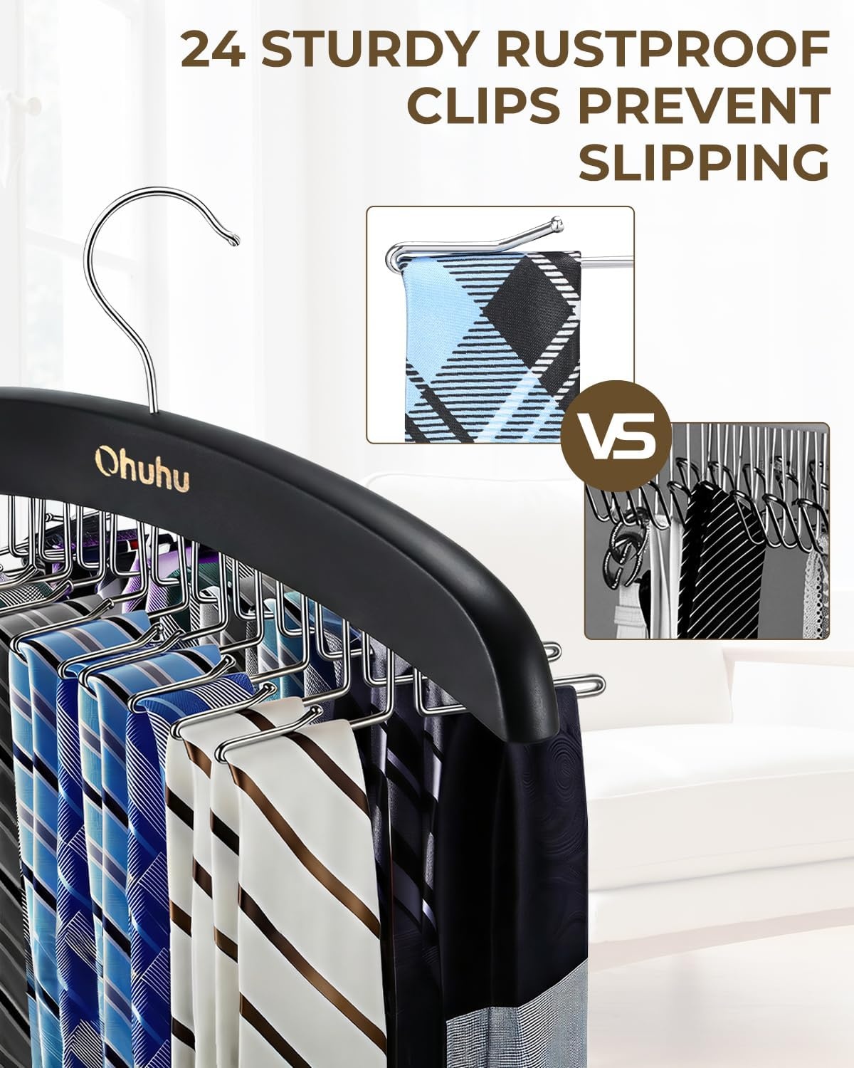image:imageTie Rack Hanger for Closet Ohuhu 2 Packs 24 Folding Hooks Tie Hangers for Men Wooden Tie Holder Organizer Space Saving Necktie Storage 360 Degree Rotating Ties Belts Scarves Tank TopsWalnutBlack