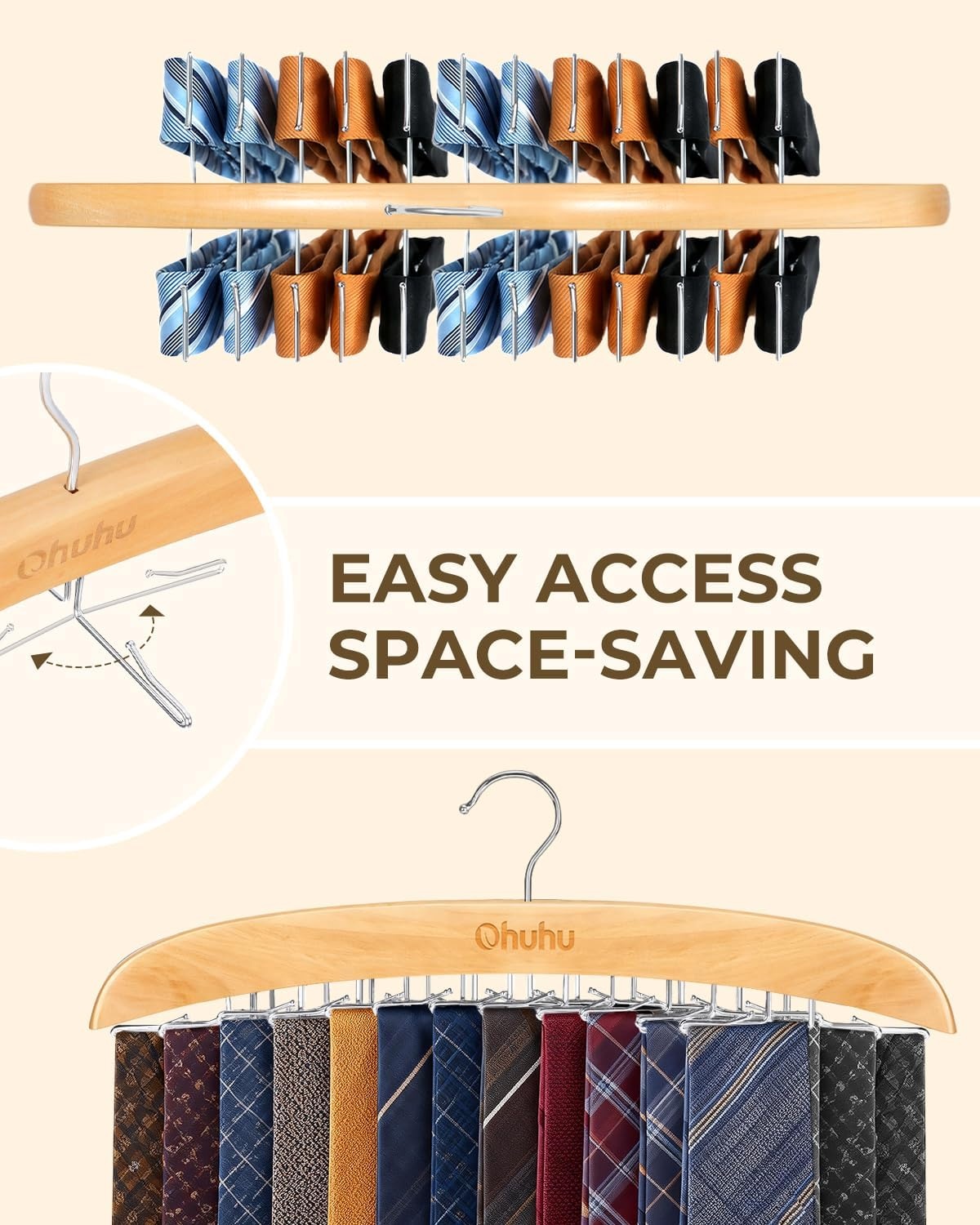 image:imageTie Rack Hanger for Closet Ohuhu 2 Packs 24 Folding Hooks Tie Hangers for Men Wooden Tie Holder Organizer Space Saving Necktie Storage 360 Degree Rotating Ties Belts Scarves Tank TopsWalnutBurlywood2 Pack