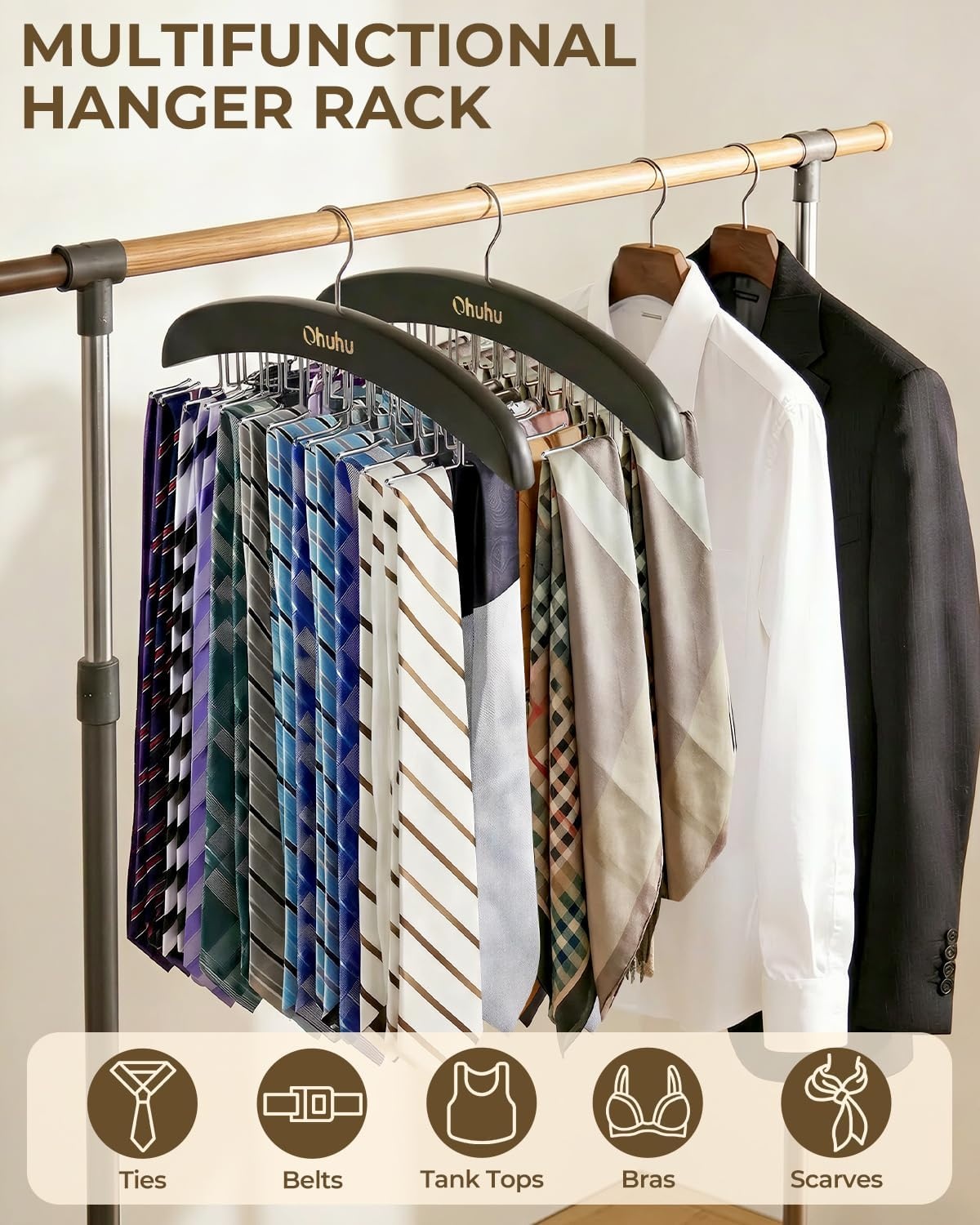 image:imageTie Rack Hanger for Closet Ohuhu 2 Packs 24 Folding Hooks Tie Hangers for Men Wooden Tie Holder Organizer Space Saving Necktie Storage 360 Degree Rotating Ties Belts Scarves Tank TopsWalnutBlack