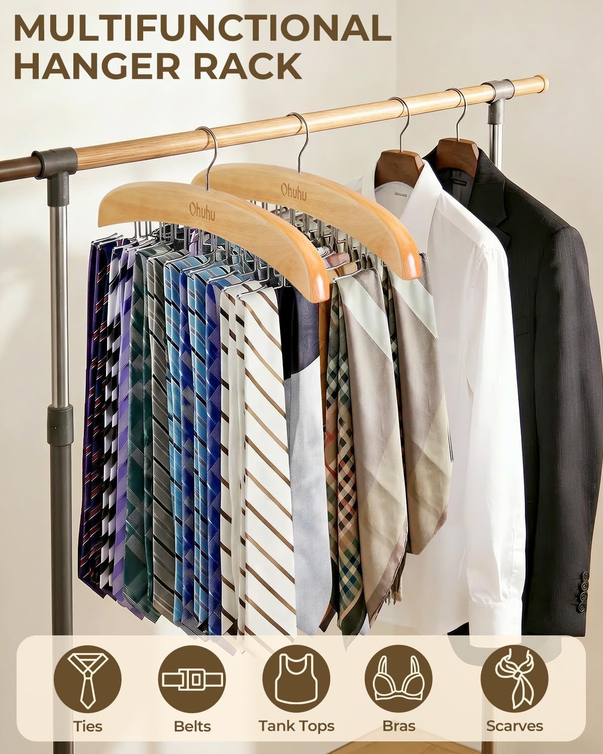 image:imageTie Rack Hanger for Closet Ohuhu 2 Packs 24 Folding Hooks Tie Hangers for Men Wooden Tie Holder Organizer Space Saving Necktie Storage 360 Degree Rotating Ties Belts Scarves Tank TopsWalnutBurlywood2 Pack