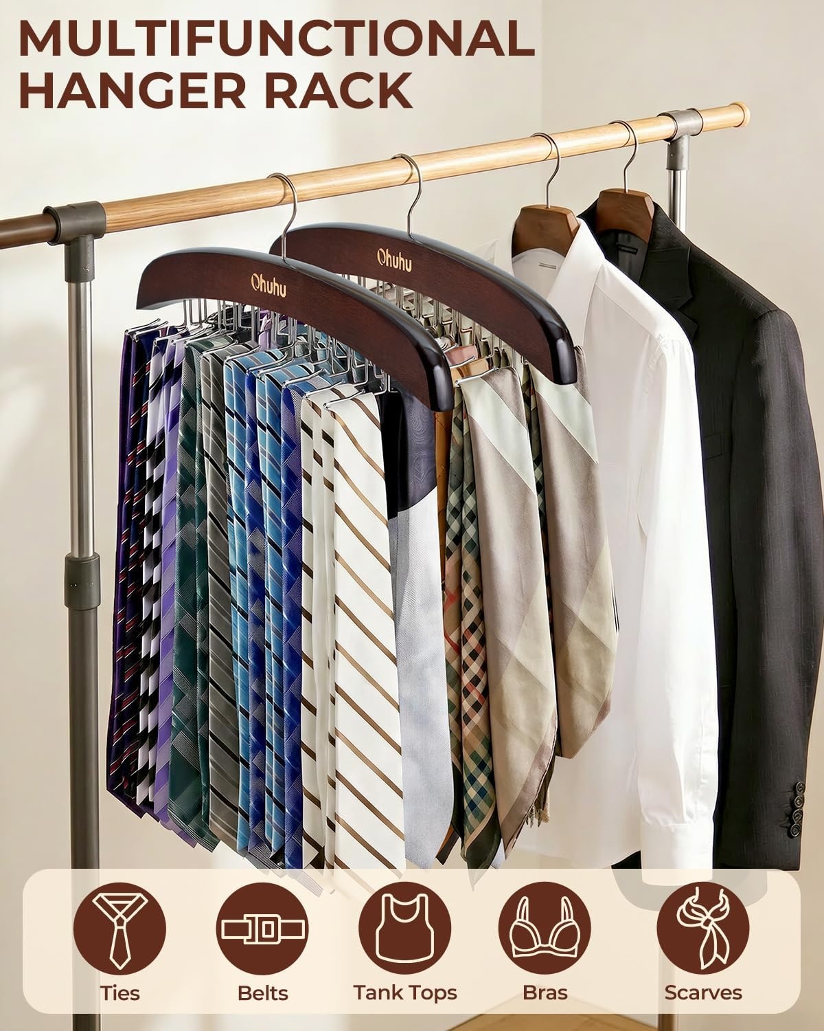 image:imageTie Rack Hanger for Closet Ohuhu 2 Packs 24 Folding Hooks Tie Hangers for Men Wooden Tie Holder Organizer Space Saving Necktie Storage 360 Degree Rotating Ties Belts Scarves Tank TopsWalnutWalnut