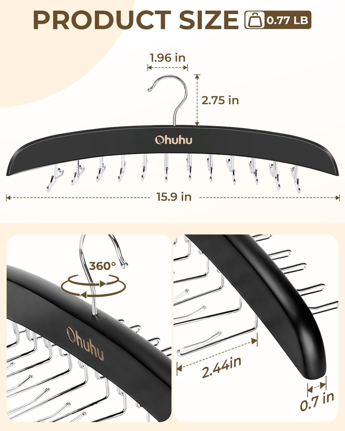 image:imageTie Rack Hanger for Closet Ohuhu 2 Packs 24 Folding Hooks Tie Hangers for Men Wooden Tie Holder Organizer Space Saving Necktie Storage 360 Degree Rotating Ties Belts Scarves Tank TopsWalnutBlack