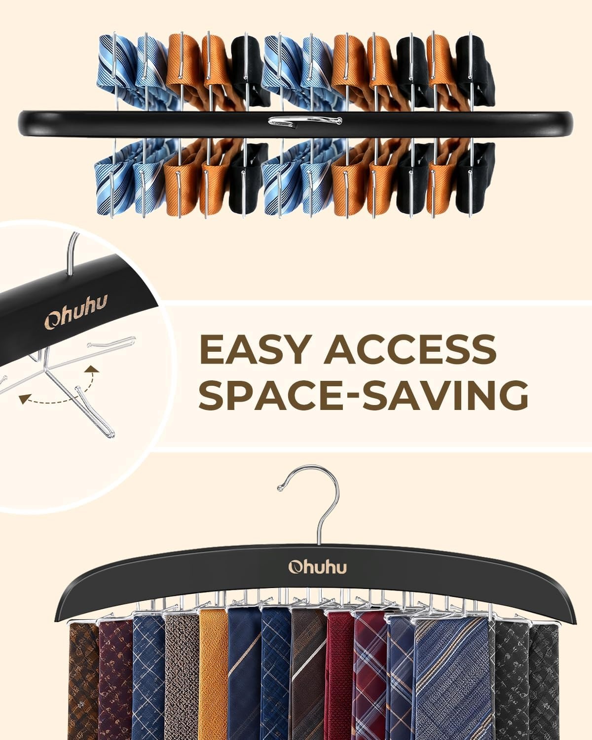 image:imageTie Rack Hanger for Closet Ohuhu 2 Packs 24 Folding Hooks Tie Hangers for Men Wooden Tie Holder Organizer Space Saving Necktie Storage 360 Degree Rotating Ties Belts Scarves Tank TopsWalnutBlack