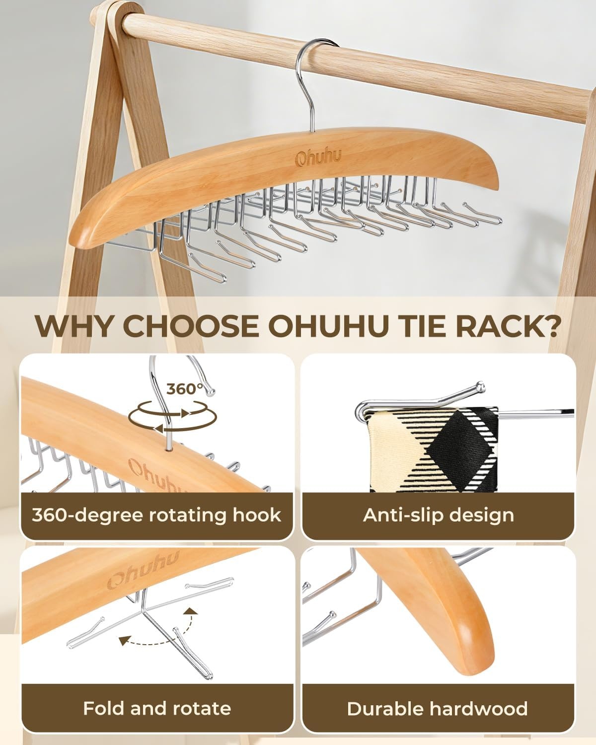 image:imageTie Rack Hanger for Closet Ohuhu 2 Packs 24 Folding Hooks Tie Hangers for Men Wooden Tie Holder Organizer Space Saving Necktie Storage 360 Degree Rotating Ties Belts Scarves Tank TopsWalnutBurlywood2 Pack