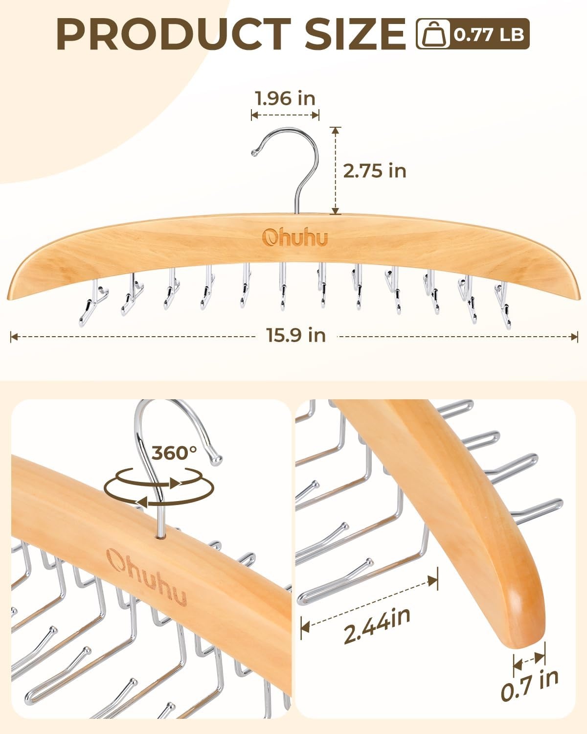 image:imageTie Rack Hanger for Closet Ohuhu 2 Packs 24 Folding Hooks Tie Hangers for Men Wooden Tie Holder Organizer Space Saving Necktie Storage 360 Degree Rotating Ties Belts Scarves Tank TopsWalnutBurlywood2 Pack