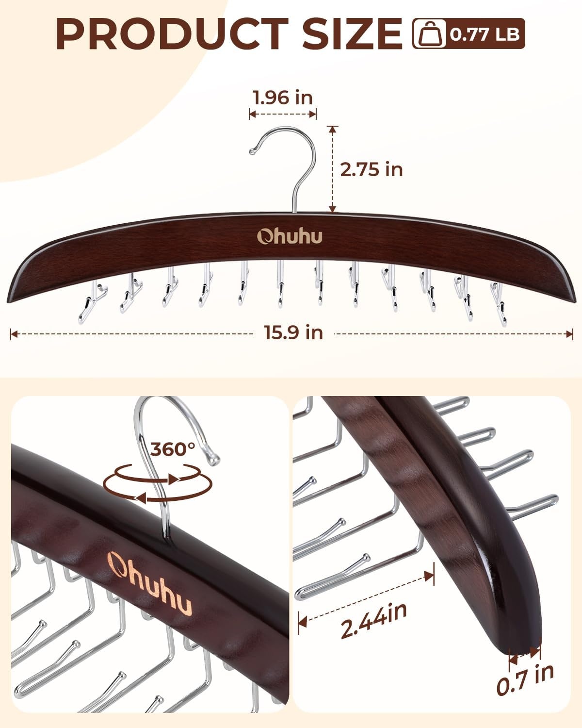 image:imageTie Rack Hanger for Closet Ohuhu 2 Packs 24 Folding Hooks Tie Hangers for Men Wooden Tie Holder Organizer Space Saving Necktie Storage 360 Degree Rotating Ties Belts Scarves Tank TopsWalnutWalnut