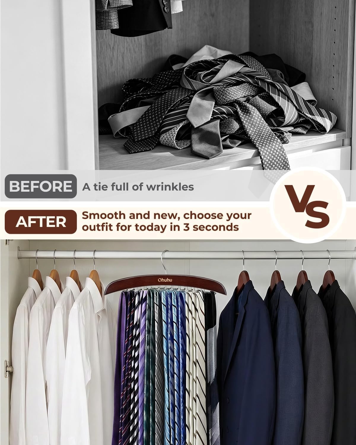 image:imageTie Rack Hanger for Closet Ohuhu 2 Packs 24 Folding Hooks Tie Hangers for Men Wooden Tie Holder Organizer Space Saving Necktie Storage 360 Degree Rotating Ties Belts Scarves Tank TopsWalnutWalnut2 Pack