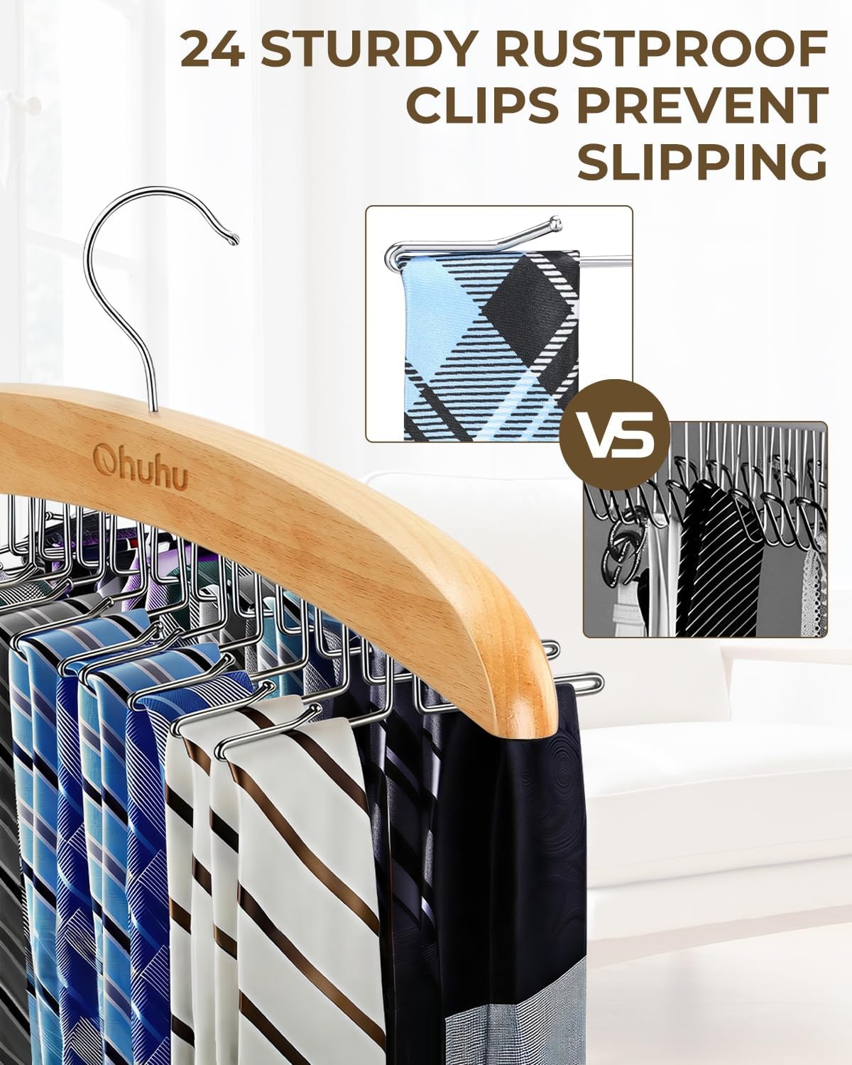 image:imageTie Rack Hanger for Closet Ohuhu 2 Packs 24 Folding Hooks Tie Hangers for Men Wooden Tie Holder Organizer Space Saving Necktie Storage 360 Degree Rotating Ties Belts Scarves Tank TopsWalnutBurlywood2 Pack