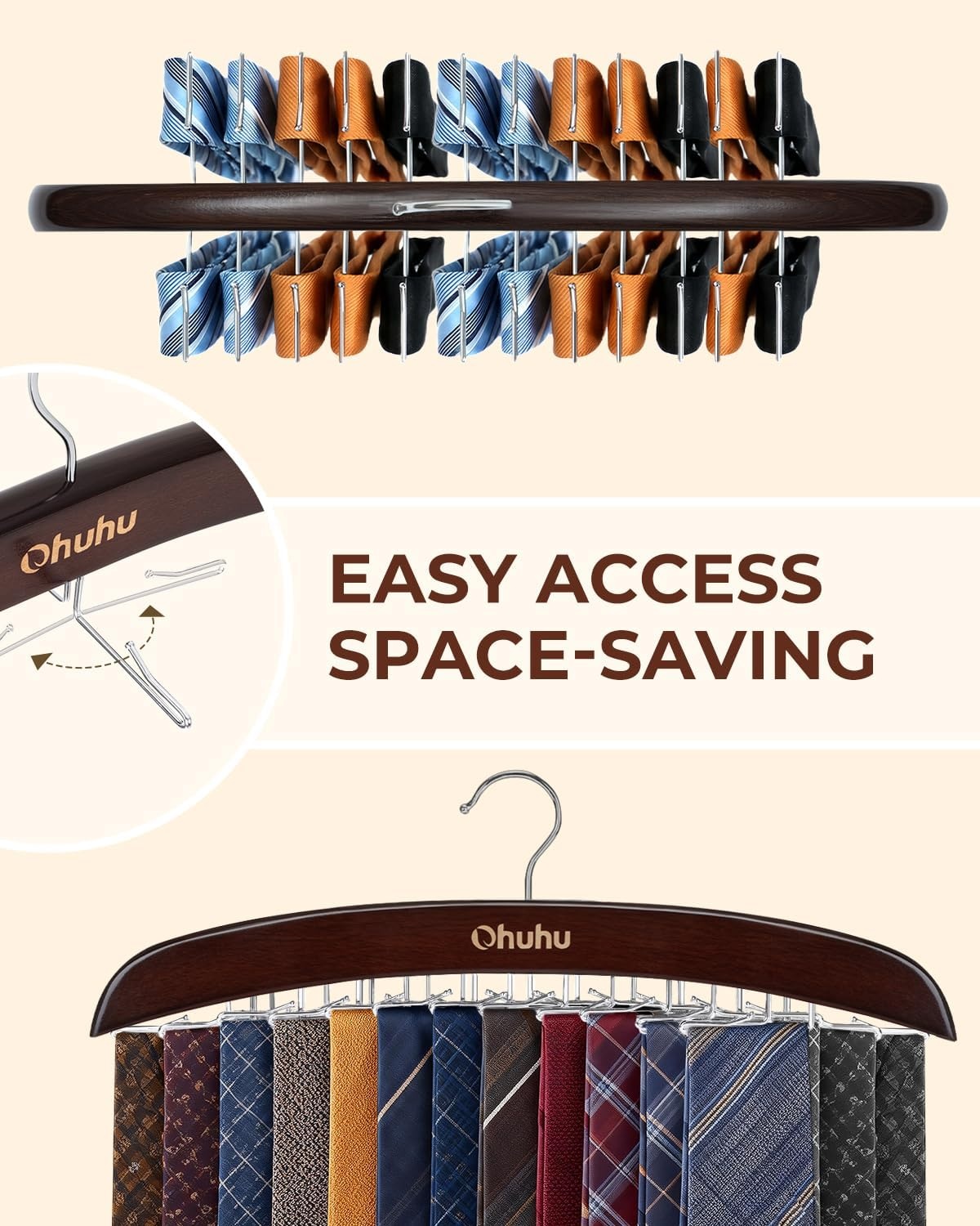 image:imageTie Rack Hanger for Closet Ohuhu 2 Packs 24 Folding Hooks Tie Hangers for Men Wooden Tie Holder Organizer Space Saving Necktie Storage 360 Degree Rotating Ties Belts Scarves Tank TopsWalnutWalnut2 Pack