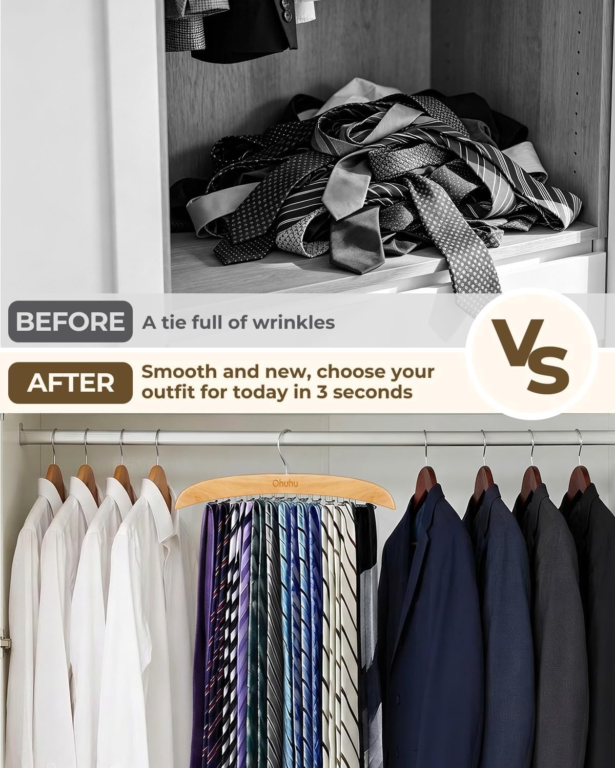 image:imageTie Rack Hanger for Closet Ohuhu 2 Packs 24 Folding Hooks Tie Hangers for Men Wooden Tie Holder Organizer Space Saving Necktie Storage 360 Degree Rotating Ties Belts Scarves Tank TopsWalnutBurlywood2 Pack