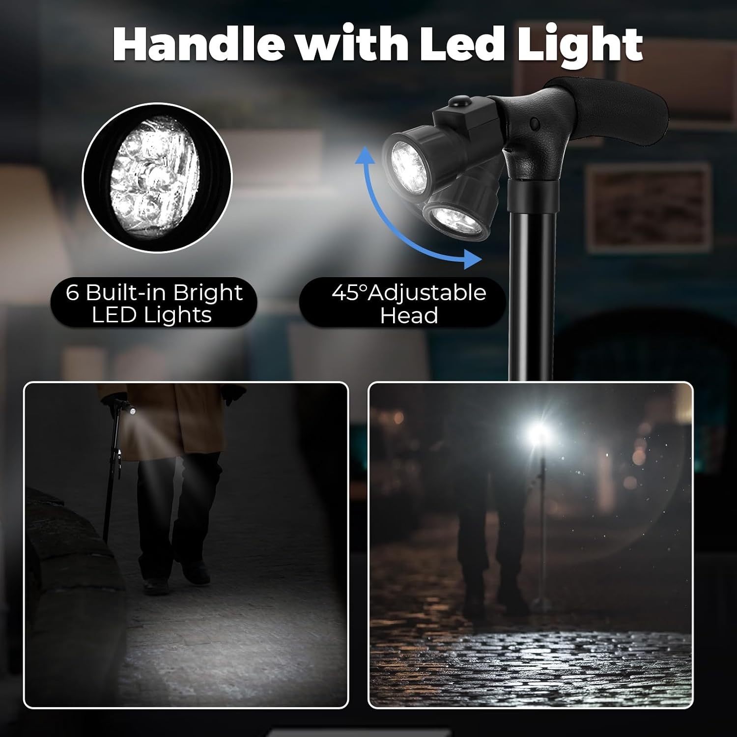 image:imageWalking Cane for Men Women Ohuhu Walking Canes with LED Light Folding Walking Stick Adjustable Free Standing Canes with Wrist Strap Travel Bag for Seniors Adults2 packs