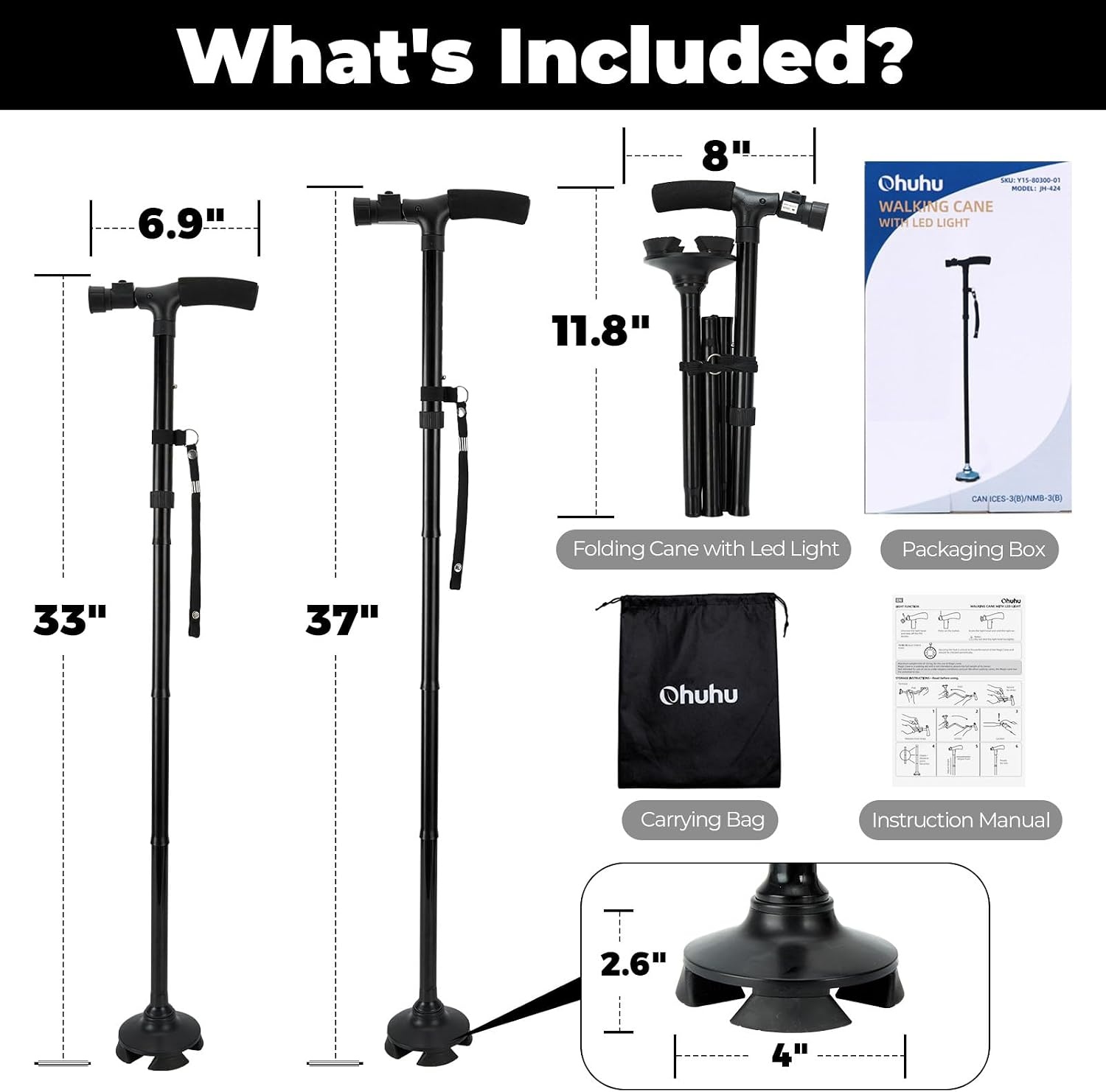 image:imageWalking Cane for Men Women Ohuhu Walking Canes with LED Light Folding Walking Stick Adjustable Free Standing Canes with Wrist Strap Travel Bag for Seniors Adults2 packs
