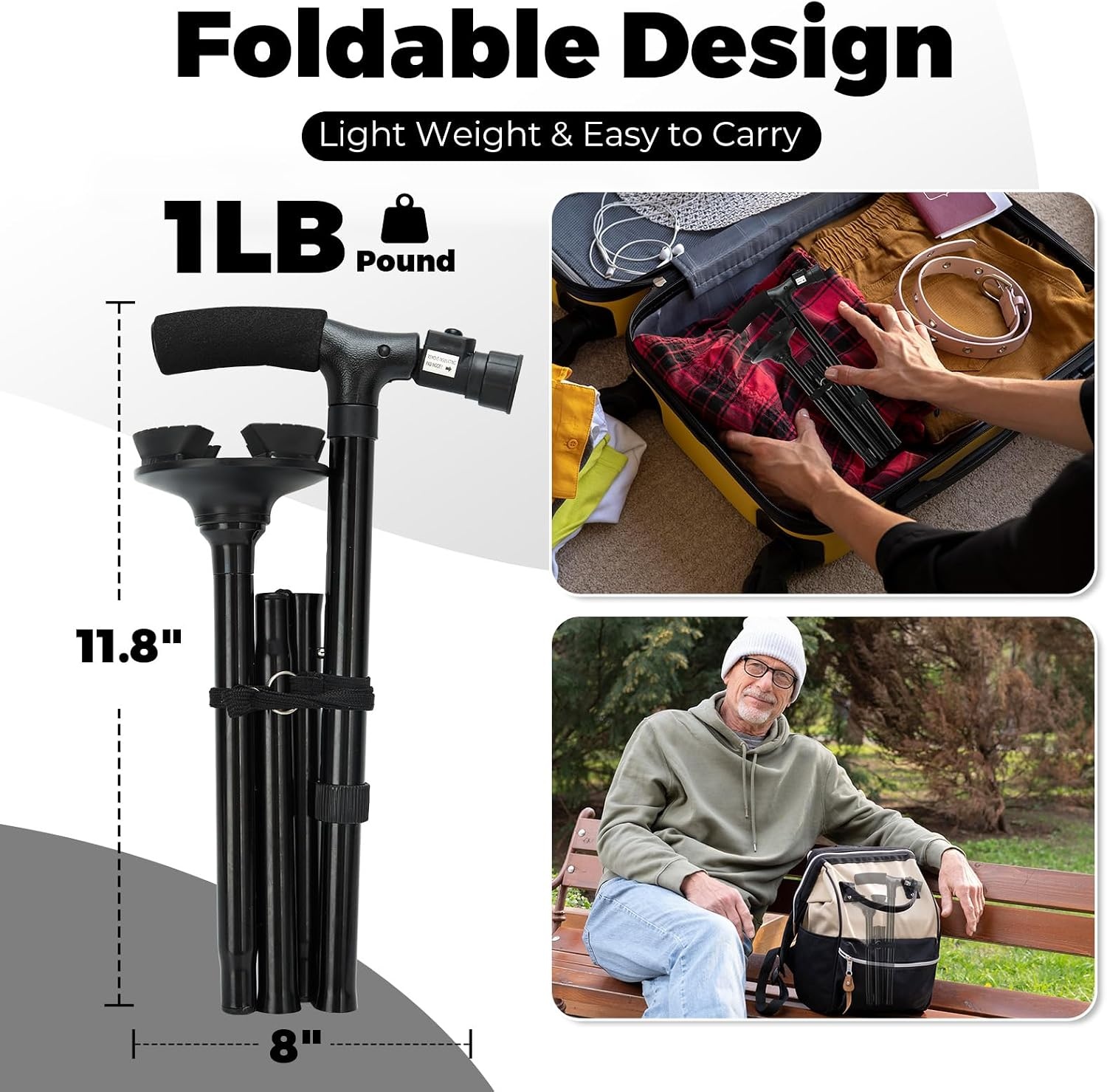 image:imageWalking Cane for Men Women Ohuhu Walking Canes with LED Light Folding Walking Stick Adjustable Free Standing Canes with Wrist Strap Travel Bag for Seniors Adults2 packs