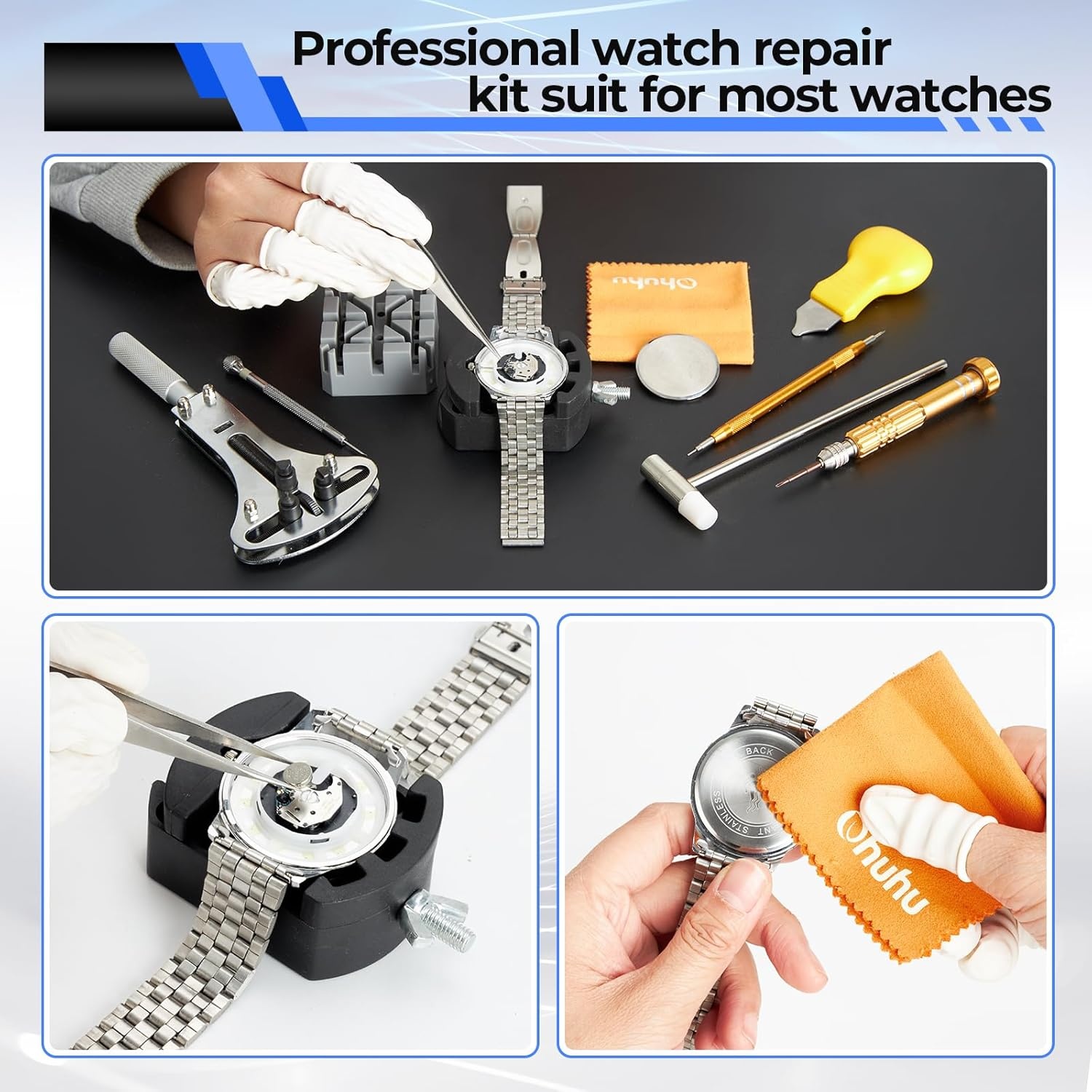 image:imageWatch Repair Kit Ohuhu 192 PCS UPGRADED Heavy Duty Watch Link Removal Battery Replacement Band Tool Kit Watch Back Remover Tool Professional Watch Repair Opener Tools with PU Leather Bag User Manual