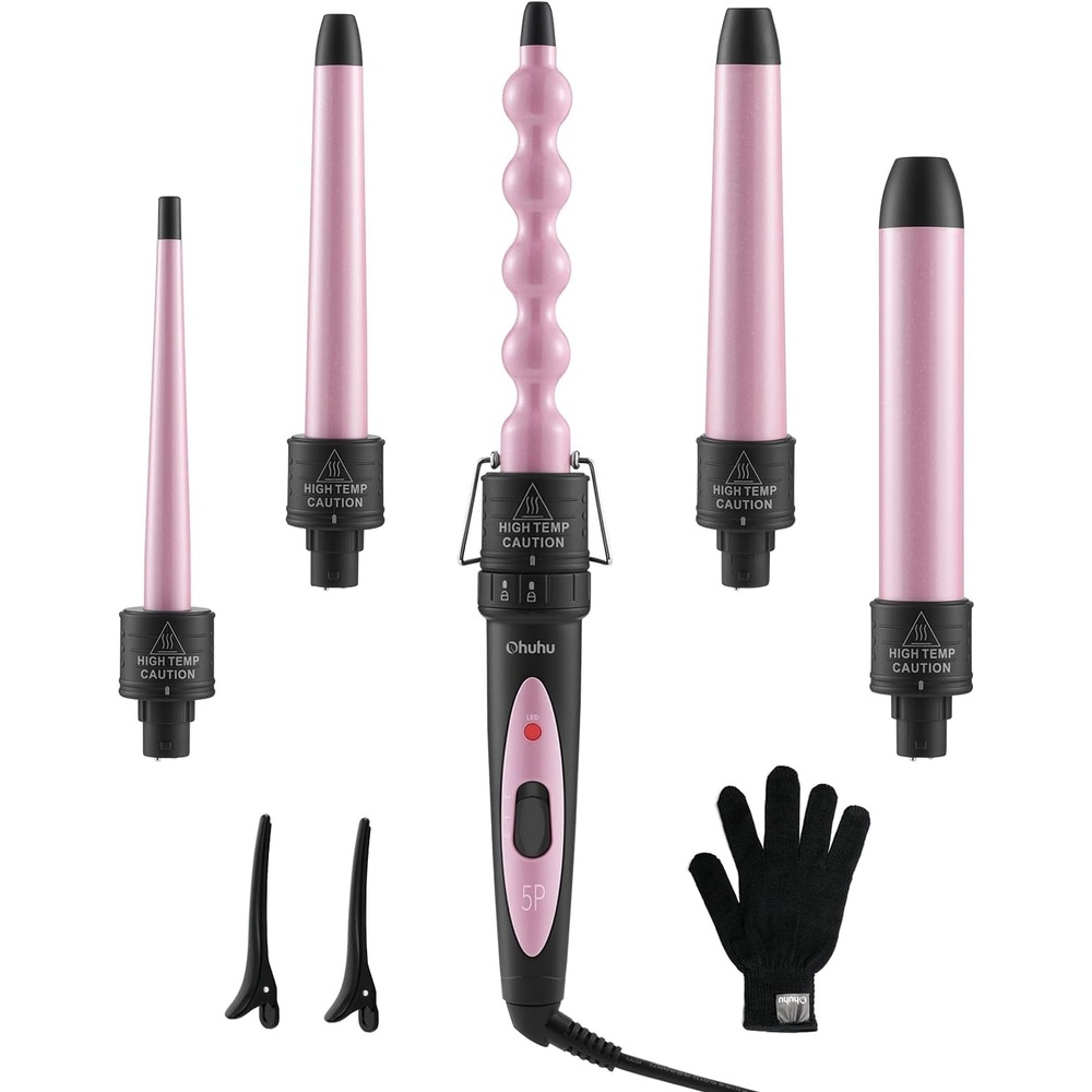 image:image5 in 1 Curling Wand Set Ohuhu Curling Iron Wand 5Pcs 035 to 125 Inch Interchangeable Ceramic Barrel Heat Protective Glove 2 Clips Dual Voltage Hair Curler for Women PinkPink