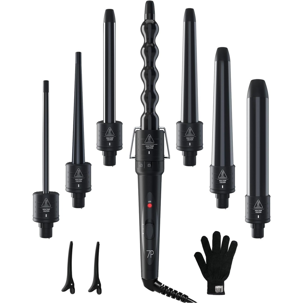 image:image7 in 1 Curling Wand Set Ohuhu Curling Iron Wand 7Pcs 035 to 125 Inch Interchangeable Ceramic Barrel Heat Protective Glove 2 Clips Dual Voltage Hair Curler Women BlackBlack