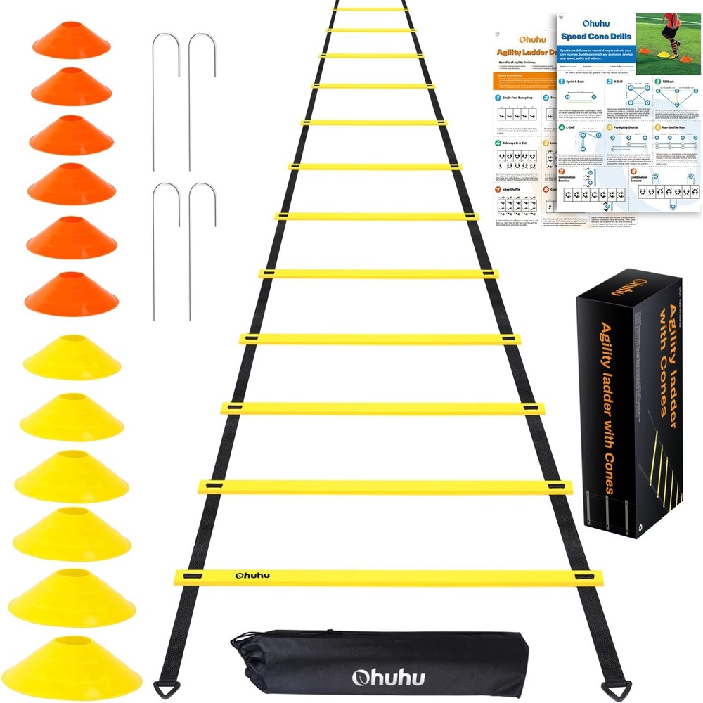 image:imageAgility Ladder Speed Training Set Ohuhu 12 Rung 20ft Soccer Training Equipment for Kids with 12 Cones 4 Steel Stakes Instruction Manual amp Carrying Bag for Football Exercise Sports Footwork Training