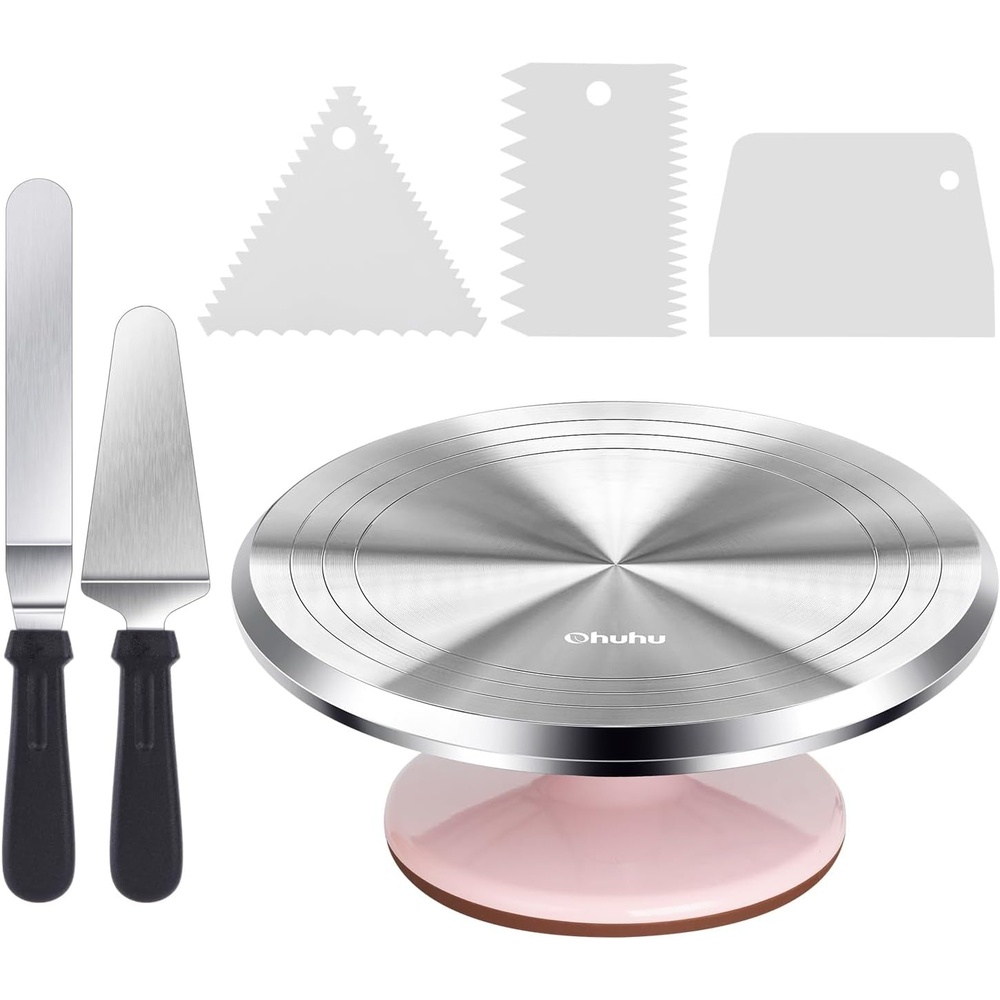 image:imageCake Turntable Ohuhu Aluminium 12 Cake Decorating Kit Supplies Rotating Stand Revolving Spinner with 2 Icing Spatula 3 Comb SmootherPink