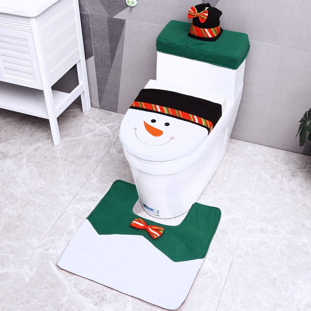 image:imageChristmas Bathroom Decoration Ohuhu Christmas Toilet Seat Covers 3PCS Snowman Toilet Tank Cover Paper Box Carpet for Christmas Bathroom Decor Christmas Bathroom Sets Green
