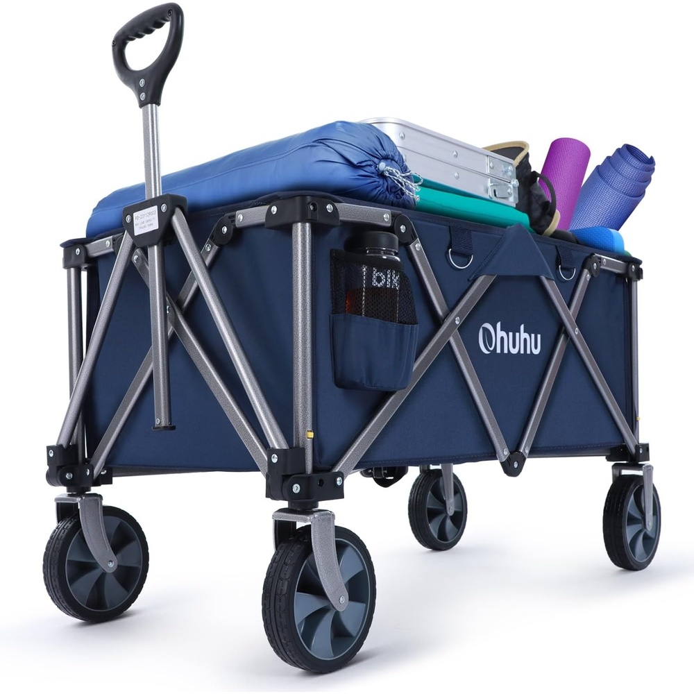 image:imageCollapsible Wagon Cart with Brake Ohuhu Durable Folding Wagons 220 LB Capacity Utility Foldable Cart Outdoor Grocery Shopping Carts with Removable Wheels 2 Drink Holders for Garden Camping Picnic