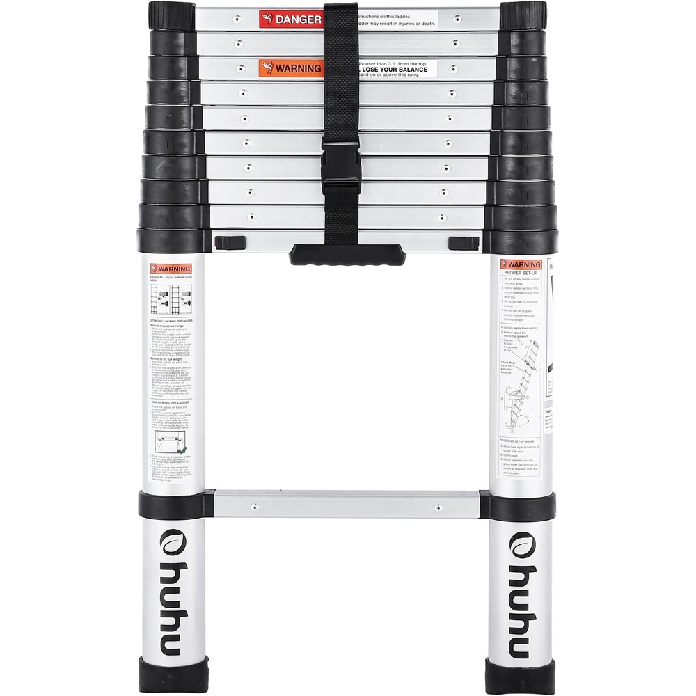 image:imageOhuhu 105 FT Aluminum Telescoping Ladder ANSI Certified OneButton Retraction Heavy Duty Extension Ladders Collapsible Ladder with Safe Slow Restoring for Roof RV Loft House