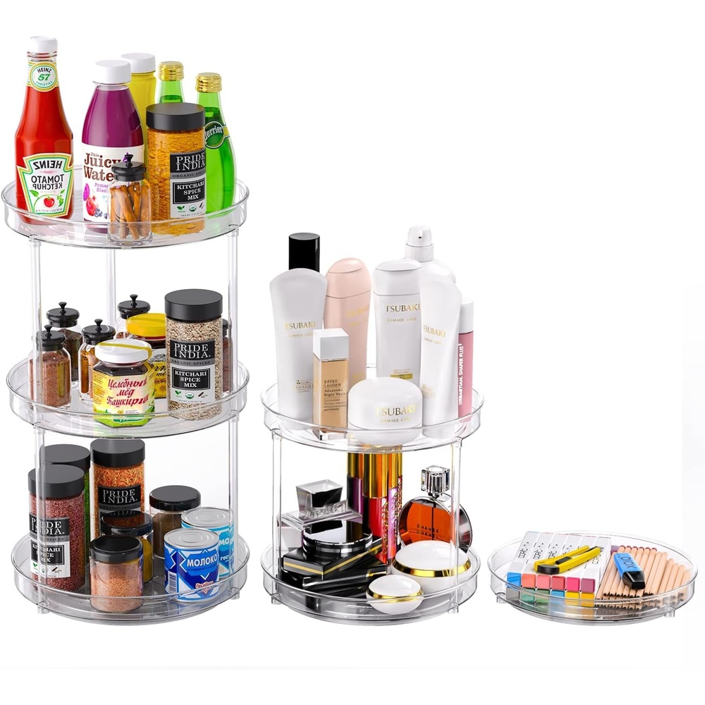 image:imageOhuhu 2 Pack 3 Tier Lazy Susan Turntable 913 Round Plastic Clear Lazy Susans Cabinet Organizer NonSkid Ultra Storage Turntable Organizer for Kitchen Fridge Countertop