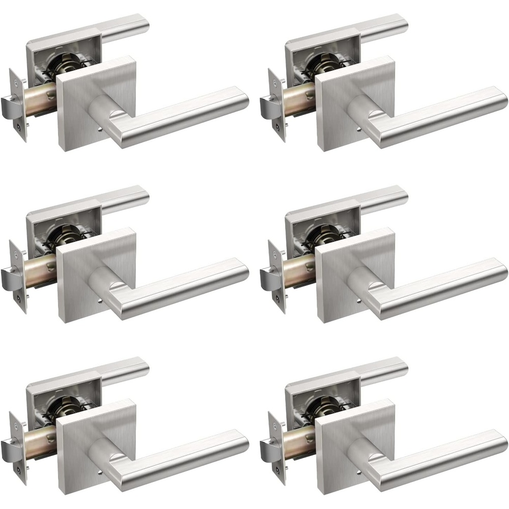 image:imageOhuhu 6 Pack Door Handle Satin Nickel Door Lever with Emergency Lock Door Knobs Modern Contemporary Slim Square Design for Home Bedroom or Bathroom Privacy