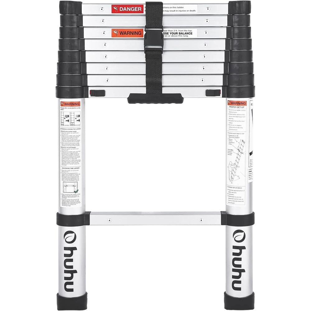 image:imageOhuhu 85 FT Aluminum Telescoping Ladder OneButton Retraction Heavy Duty Extension Ladder for Home ANSI Certified Collapsible Ladders with Safe Slow Restoring for RV Roof Loft Silver