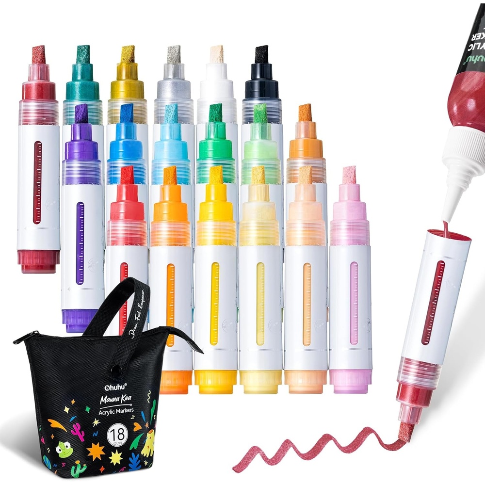 image:imageOhuhu Acrylic Paint Markers 18 Colors Reversible Tip Jumbo Chisel amp Round Acrylic Markers Excellent Coverage Paint Pens WaterResistant Permanent for Poster Wood Glass Ceramic Rock Mauna Kea