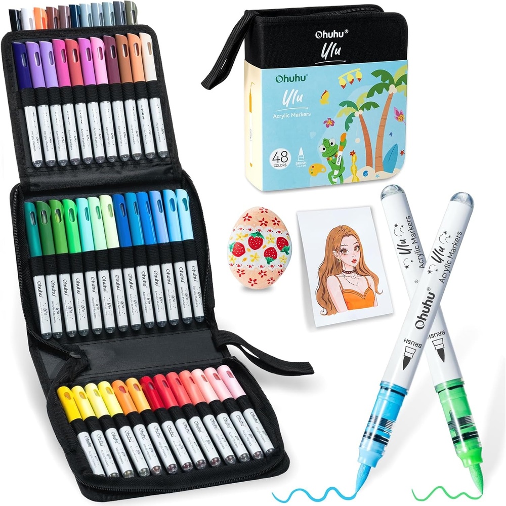 image:imageOhuhu Acrylic Paint Markers Brush Tip 48 Colors Automatic Ink Control Acrylic Markers Balanced Coverage Paint Pens Waterproof Lightfast for Rock Painting 3D Prints Wood DIY Crafts for Beginners Ulu48