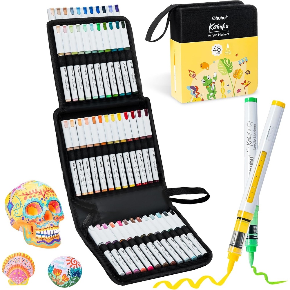 image:imageOhuhu Acrylic Paint Markers Brush Tip Acrylic Markers High Opacity Paint Pens WaterResistant Lightfast for Rock Painting 3D Prints Easter Egg DIY Crafts Kahuku 48 Colors Bullet Tip48 Colors Brush Tip