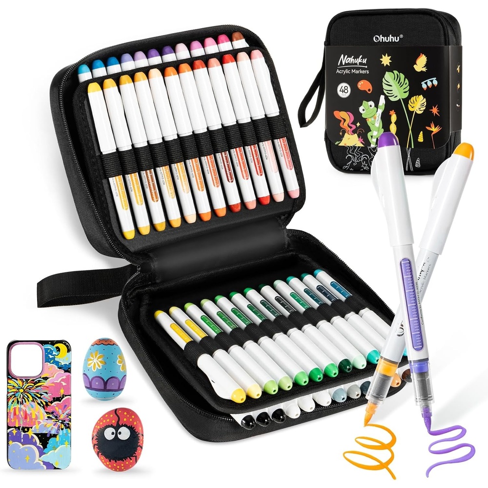 image:imageOhuhu Acrylic Paint Markers Dual Tips 24 Colors Brush amp Bullet Automatic Ink Control Acrylic Markers High Opacity Paint Pens Waterproof for Rock Painting 3D Prints Easter Egg Wood DIY Crafts Waimoku48 Pack Brush