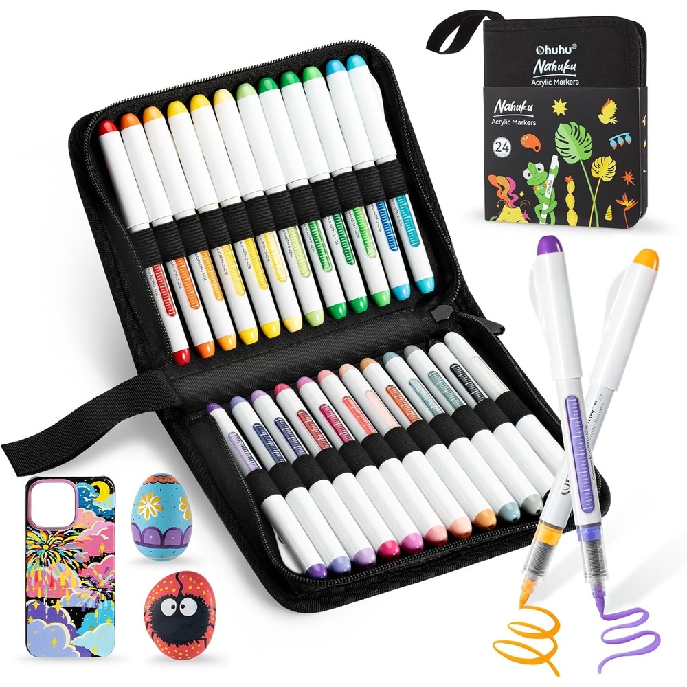 image:imageOhuhu Acrylic Paint Markers Dual Tips 24 Colors Brush amp Bullet Automatic Ink Control Acrylic Markers High Opacity Paint Pens Waterproof for Rock Painting 3D Prints Easter Egg Wood DIY Crafts Waimoku24 Pack Brush