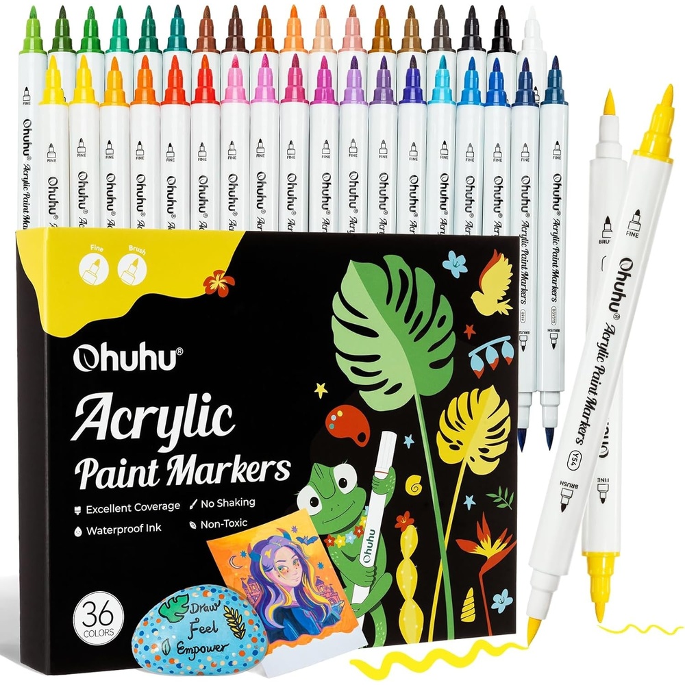 image:imageOhuhu Acrylic Paint Markers Dual Tips 36 Colors Fine amp Dot Paint Pens High Opacity Acrylic Markers WaterResistant Lightfast for Rock Painting 3D Prints Egg Wood Glass Ceramic DIY Crafts  Akaka36 Colors Brush  Fine