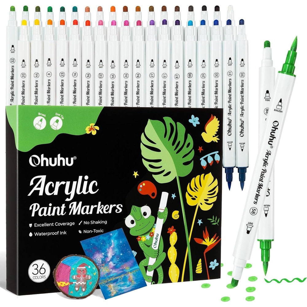 image:imageOhuhu Acrylic Paint Markers Dual Tips 36 Colors Fine amp Dot Paint Pens High Opacity Acrylic Markers WaterResistant Lightfast for Rock Painting 3D Prints Egg Wood Glass Ceramic DIY Crafts  Akaka36 Colors Brush  Dot