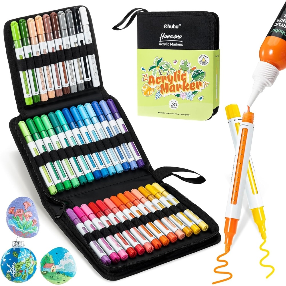 image:imageOhuhu Acrylic Paint Markers Refillable 36 Colors Acrylic Markers High Opacity Paint Markers Waterproof Lightfast for Rock Painting Easter Eggs 3D Prints Wood Glass Ceramic Canvas Hanauma36