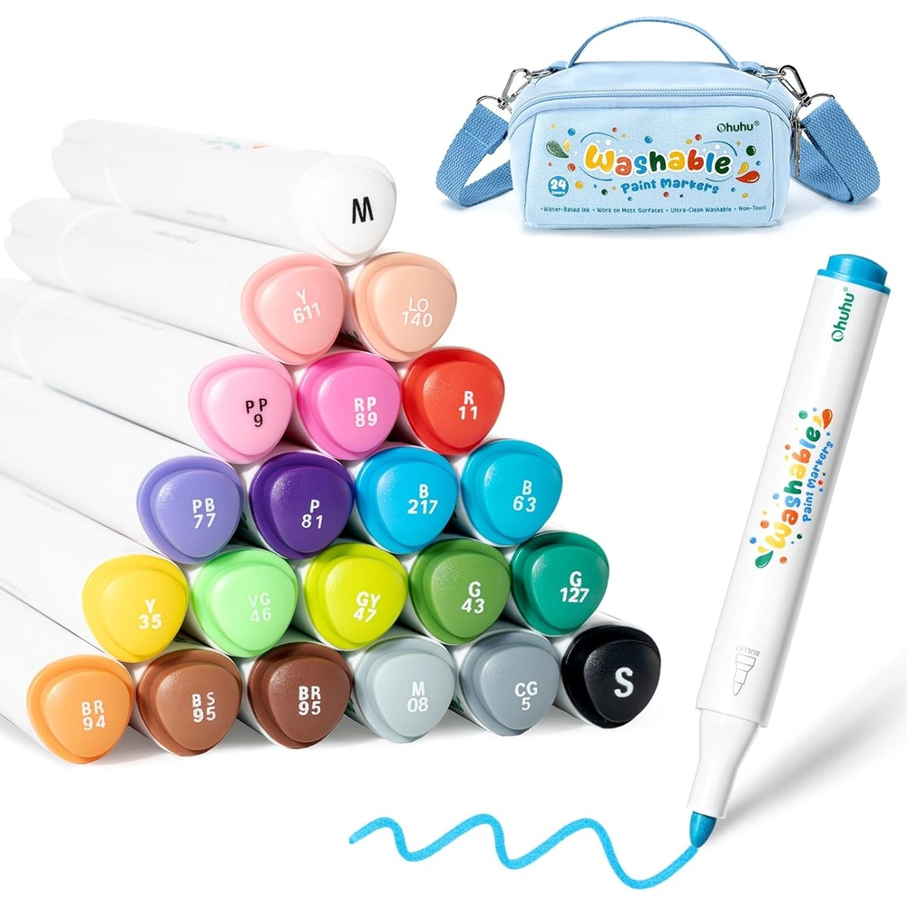 image:imageOhuhu Acrylic Paint Markers UltraWashable Markers for Kids Bullet Tip Paint Pens for Rock Painting Easter Eggs Wood Glass Ceramic Canvas School Classroom Supplies Ages 314