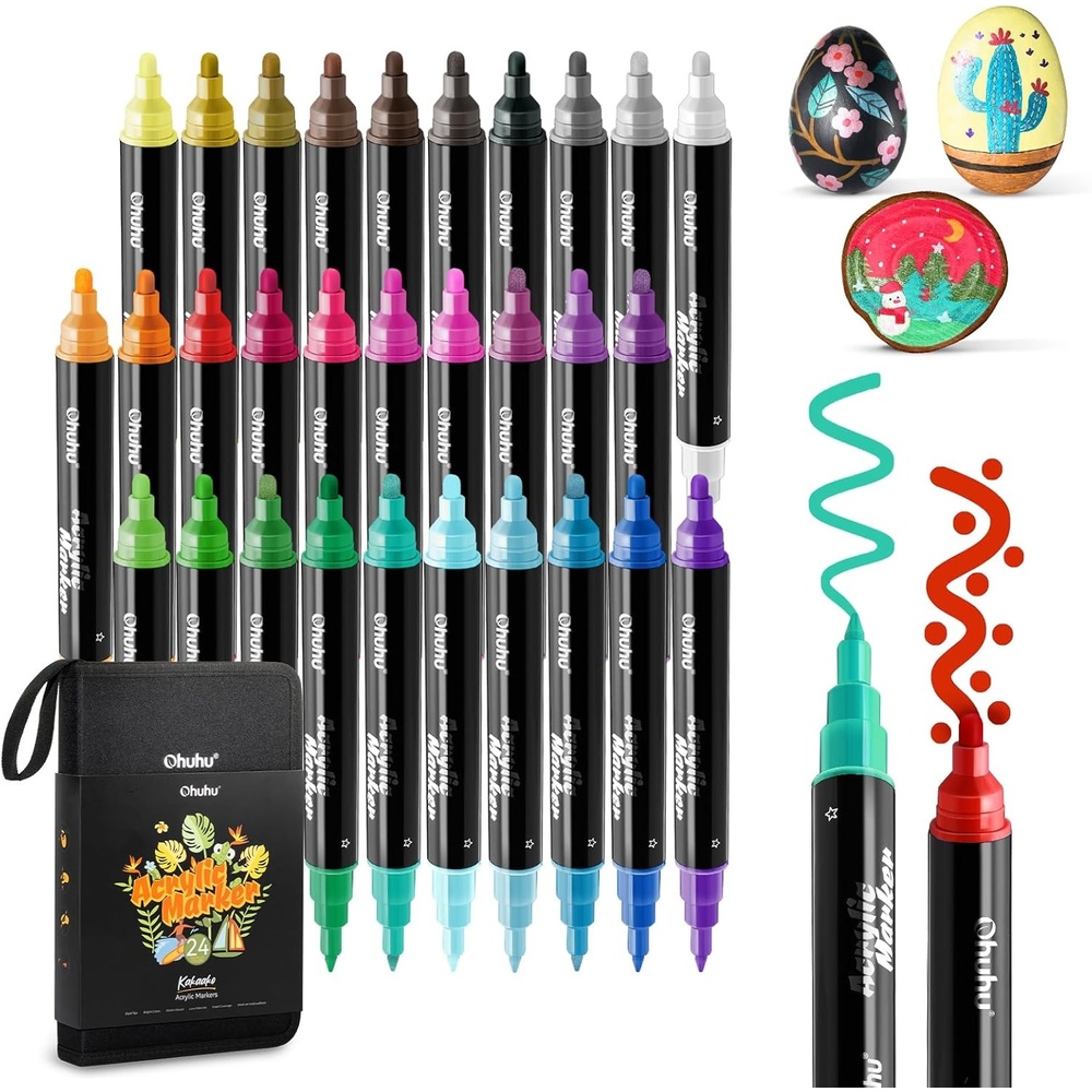 image:imageOhuhu Acrylic Paint Pens 30 Colors Dual Tips Round amp Fine Acrylic Markers High Opacity Paint Markers Waterproof Lightfast for Rock Painting Easter Eggs Wood Glass Ceramic Canvas  Kakaako30 Pens 15 Regular  9 Metallic  6 Neon Colors