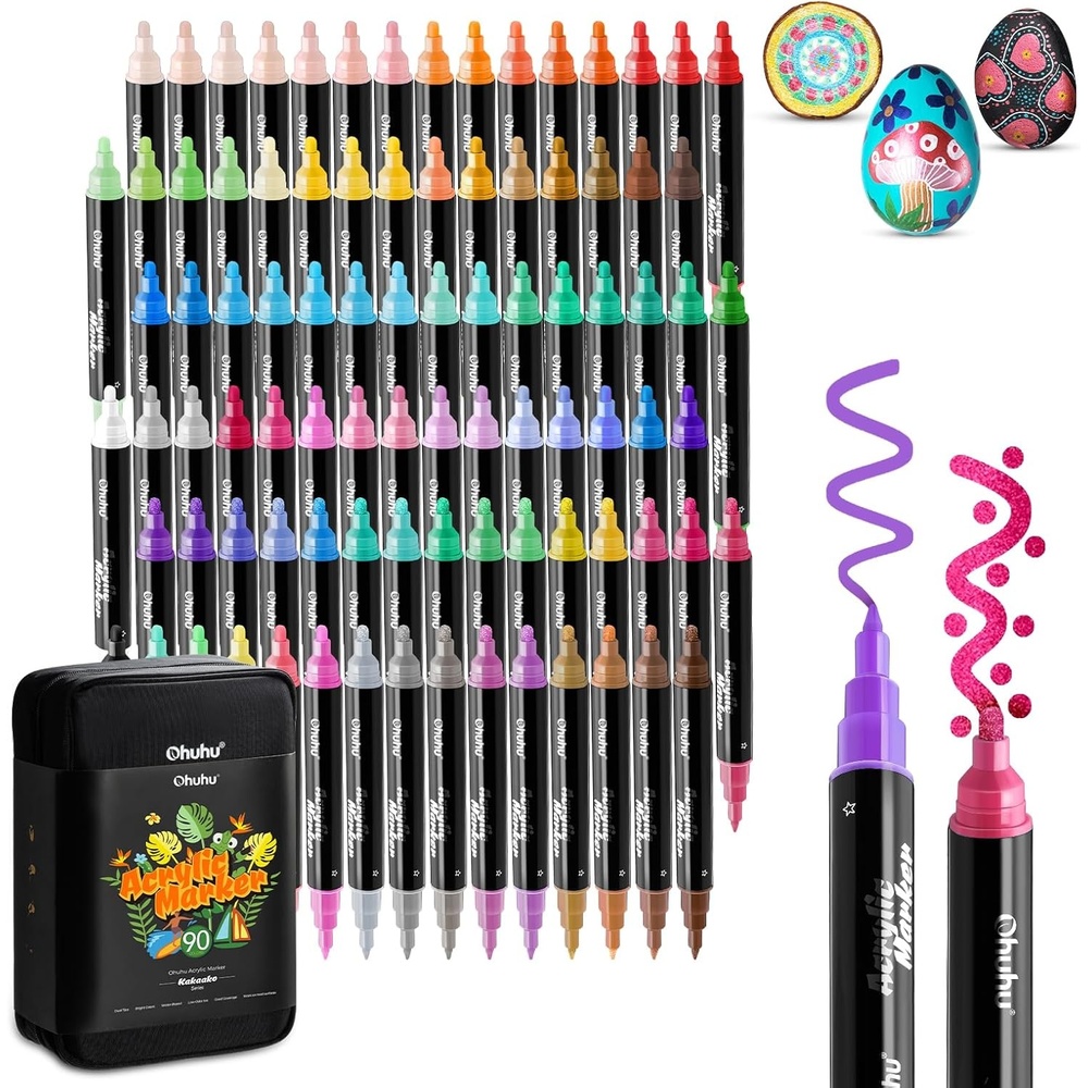 image:imageOhuhu Acrylic Paint Pens 30 Colors Dual Tips Round amp Fine Acrylic Markers High Opacity Paint Markers Waterproof Lightfast for Rock Painting Easter Eggs Wood Glass Ceramic Canvas  Kakaako90 Pens 60 Regular  24 Metallic  6 Neon Colors