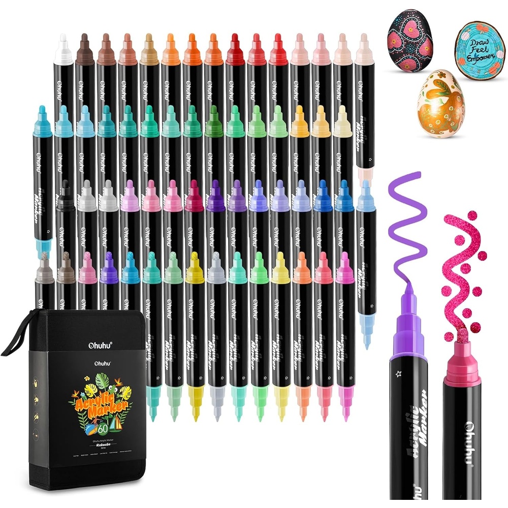 image:imageOhuhu Acrylic Paint Pens 30 Colors Dual Tips Round amp Fine Acrylic Markers High Opacity Paint Markers Waterproof Lightfast for Rock Painting Easter Eggs Wood Glass Ceramic Canvas  Kakaako60 Pens 45 Regular  9 Metallic  6 Neon Colors