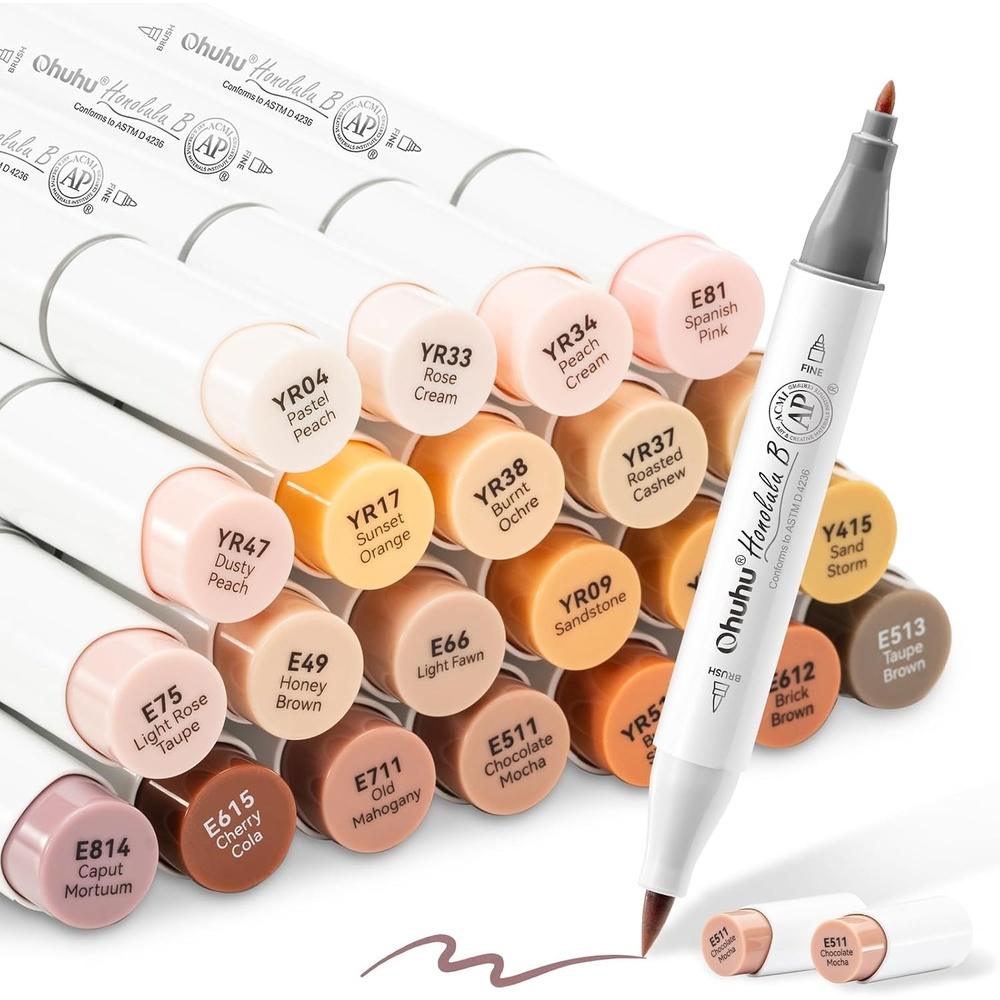 image:imageOhuhu Alcohol Markers Soft Chisel Red Dot Design Award Winner 24 Skincolor Brush amp Soft Chisel Dual Tips Drawing Markers for Artists Beginners Adults Coloring Illustration Sketching Honolulu SFine Brush