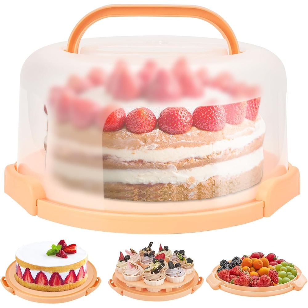 image:imageOhuhu Cake Holder BPAFree Cake Carrier with Lid and Handle Cake Transport Container Portable Cake Keeper Two Sided Base for Pies Cookies Nuts Fruit etc Suitable for 10 inch Cake GiftsPeach