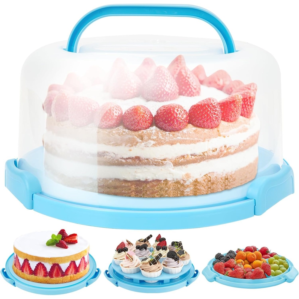 image:imageOhuhu Cake Holder BPAFree Cake Carrier with Lid and Handle Cake Transport Container Portable Cake Keeper Two Sided Base for Pies Cookies Nuts Fruit etc  Suitable for 10 inch Cake GiftsBlue