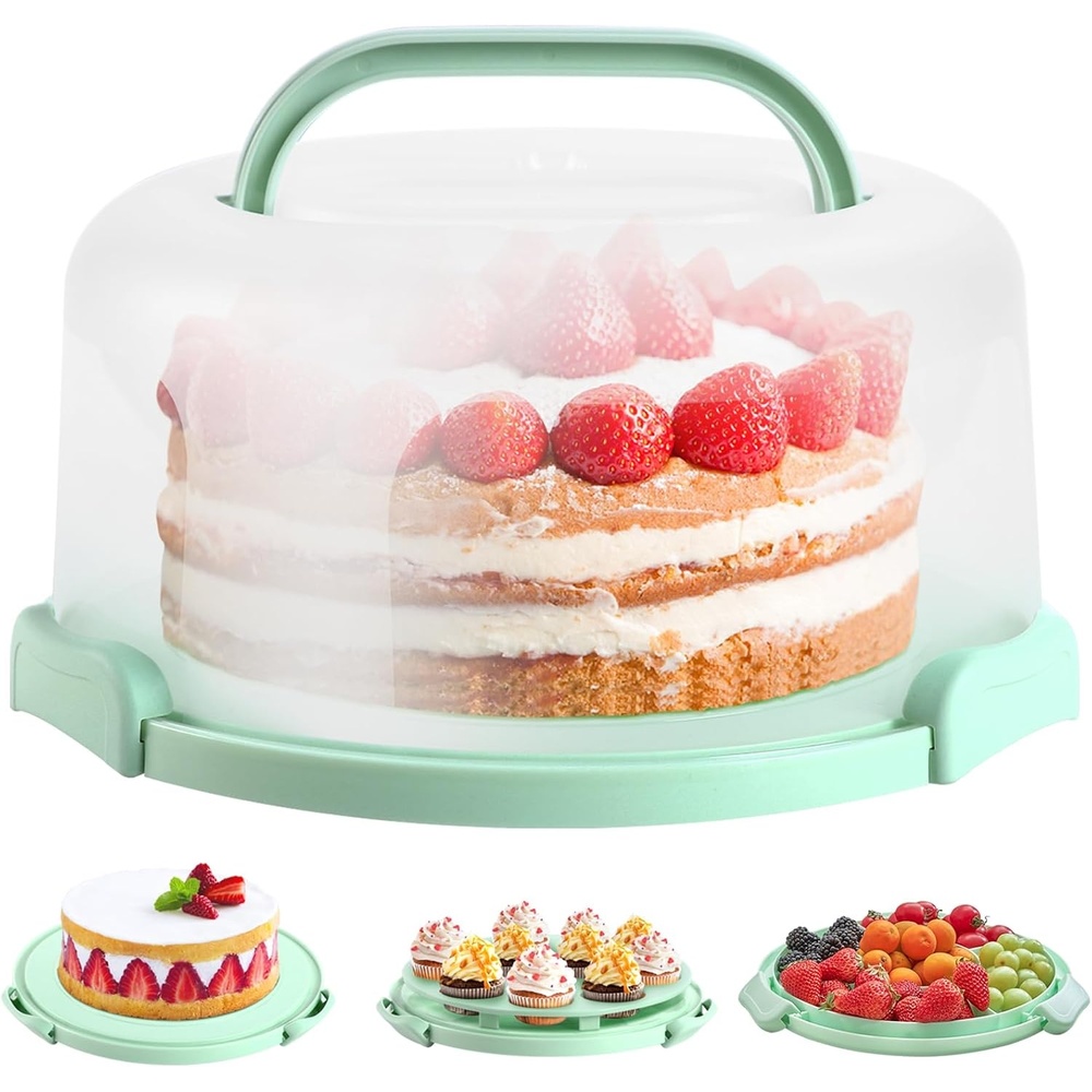 image:imageOhuhu Cake Holder BPAFree Cake Carrier with Lid and Handle Cake Transport Container Portable Cake Keeper Two Sided Base for Pies Cookies Nuts Fruit etc Suitable for 10 inch Cake GiftsGreen