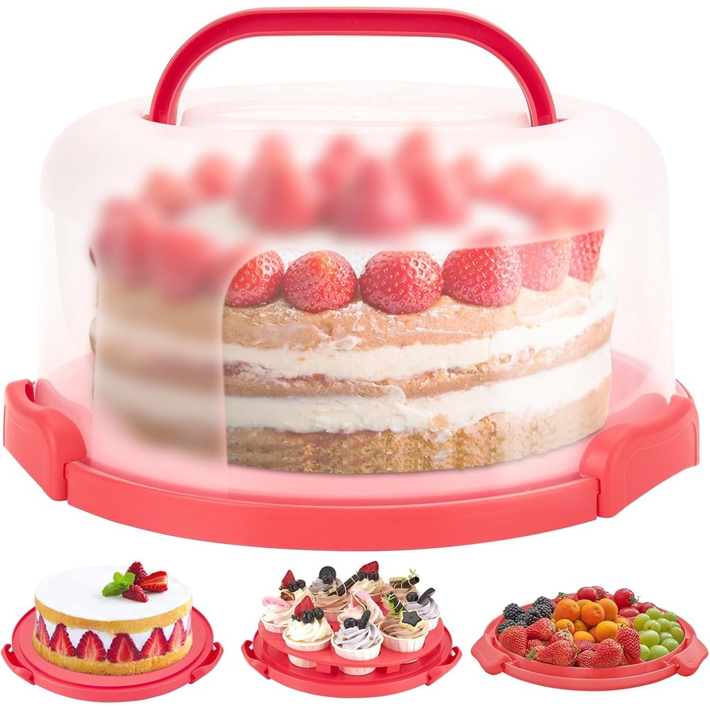 image:imageOhuhu Cake Holder BPAFree Cake Carrier with Lid and Handle Cake Transport Container Portable Cake Keeper Two Sided Base for Pies Cookies Nuts Fruit etc Suitable for 10 inch Cake GiftsRed