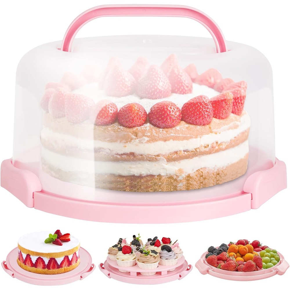 image:imageOhuhu Cake Holder BPAFree Cake Carrier with Lid and Handle Cake Transport Container Portable Cake Keeper Two Sided Base for Pies Cookies Nuts Fruit etc Suitable for 10 inch Cake GiftsPink